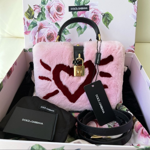 Dolce & Gabbana Handbags - NEW Pink Leather Brand Logo Handbag Rabbit Fur Padlock Lizard